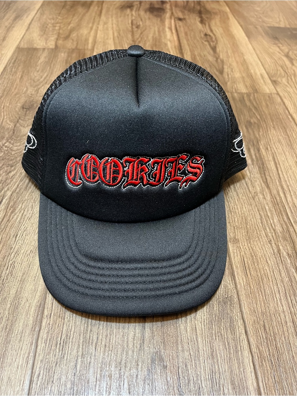 Cookies SF Highway Flame Trucker Hat Black Red Old English Logo Mesh Snapback NE